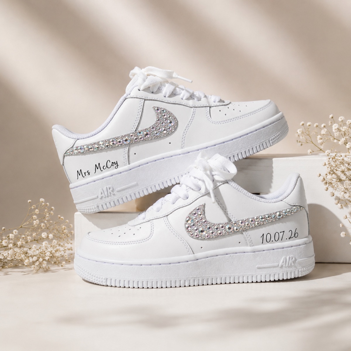 Bridal Air Force 1s with crystal swoosh, hand-lettered married name and wedding date
