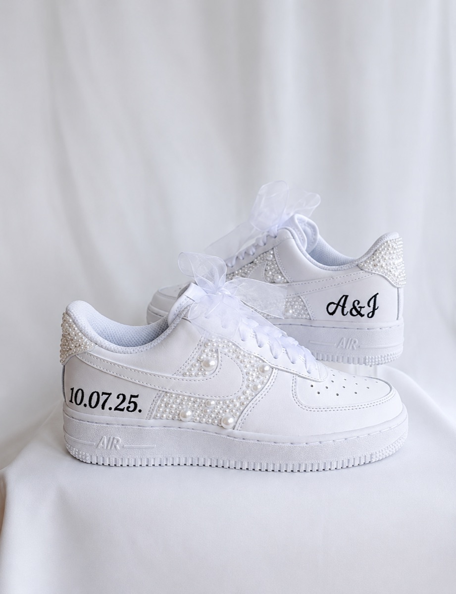 Pearl-studded wedding Air Force 1s with initials and date, organza ribbon laces