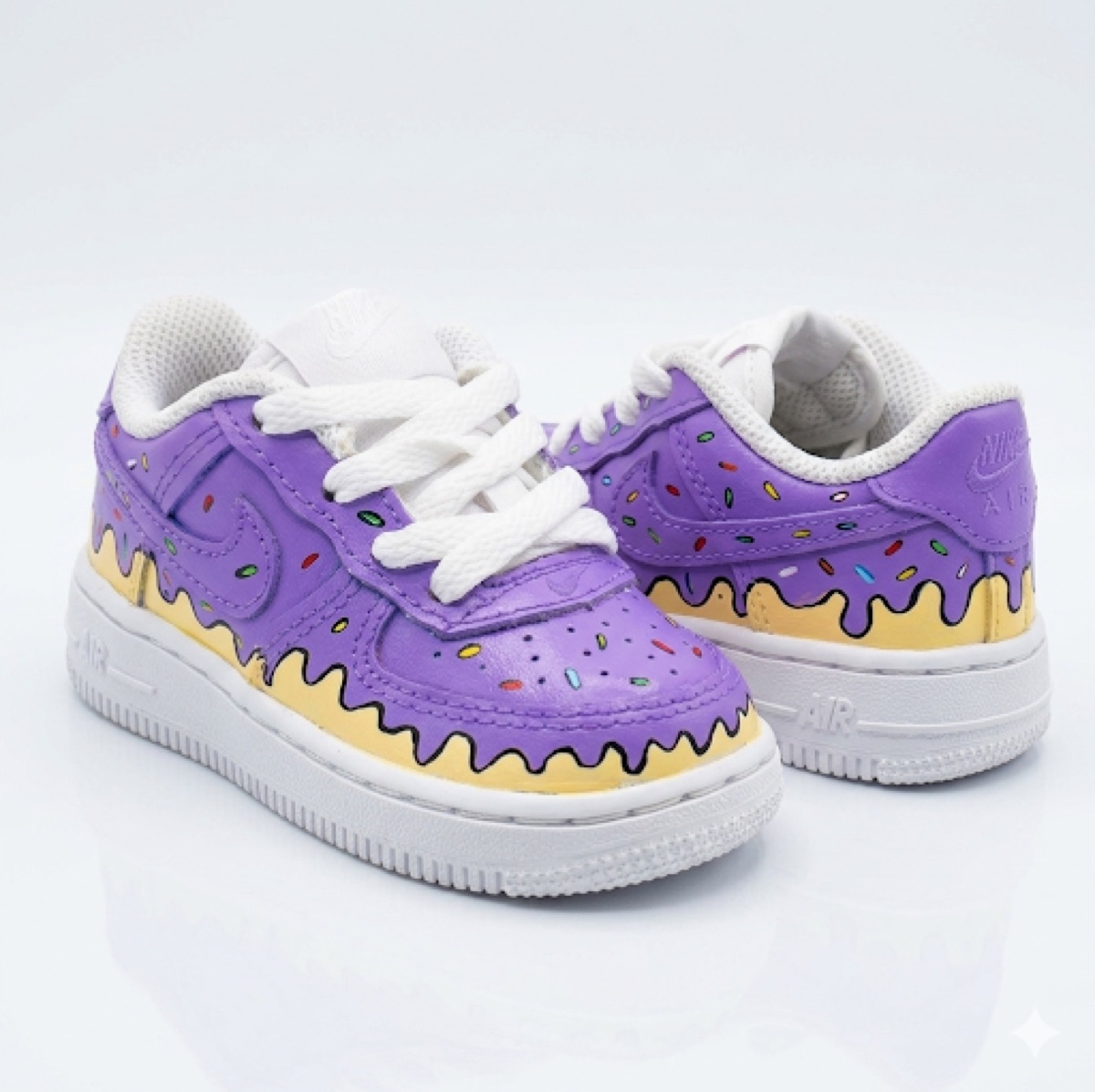 Toddler Air Force 1s in purple ice-cream drip with hand-painted sprinkles